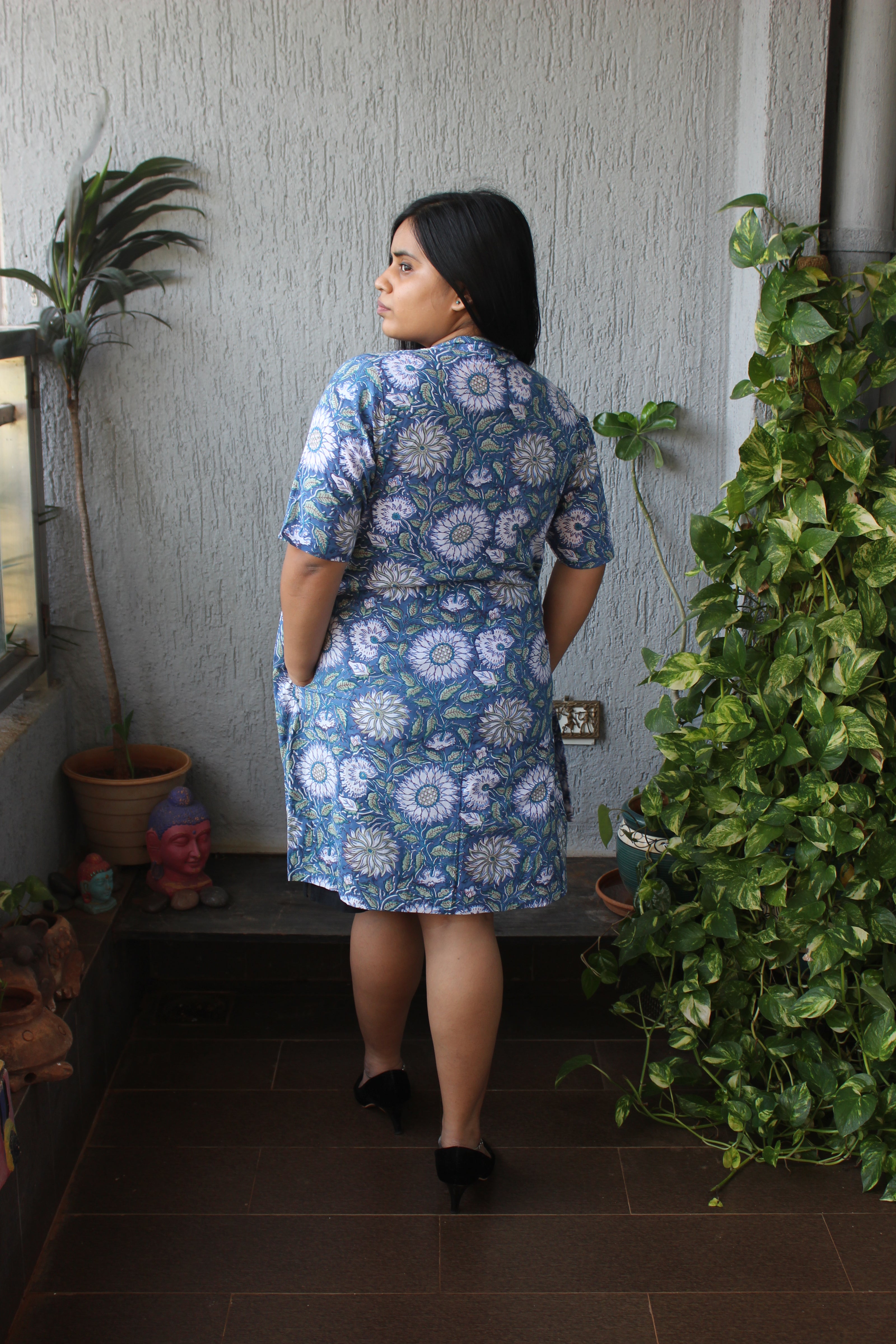Blue Floral Handblock Cotton Shrug