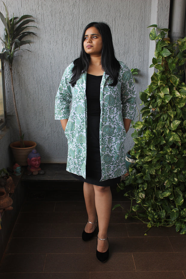 White Floral Handblock Cotton Shrug