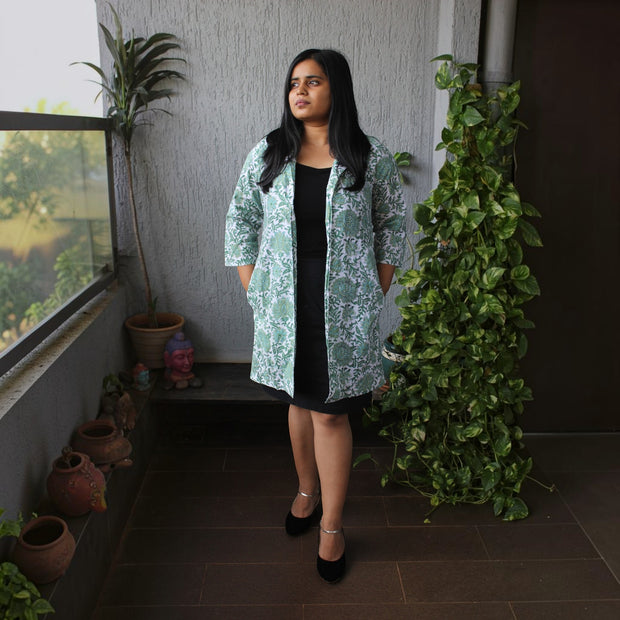 White Floral Handblock Cotton Shrug