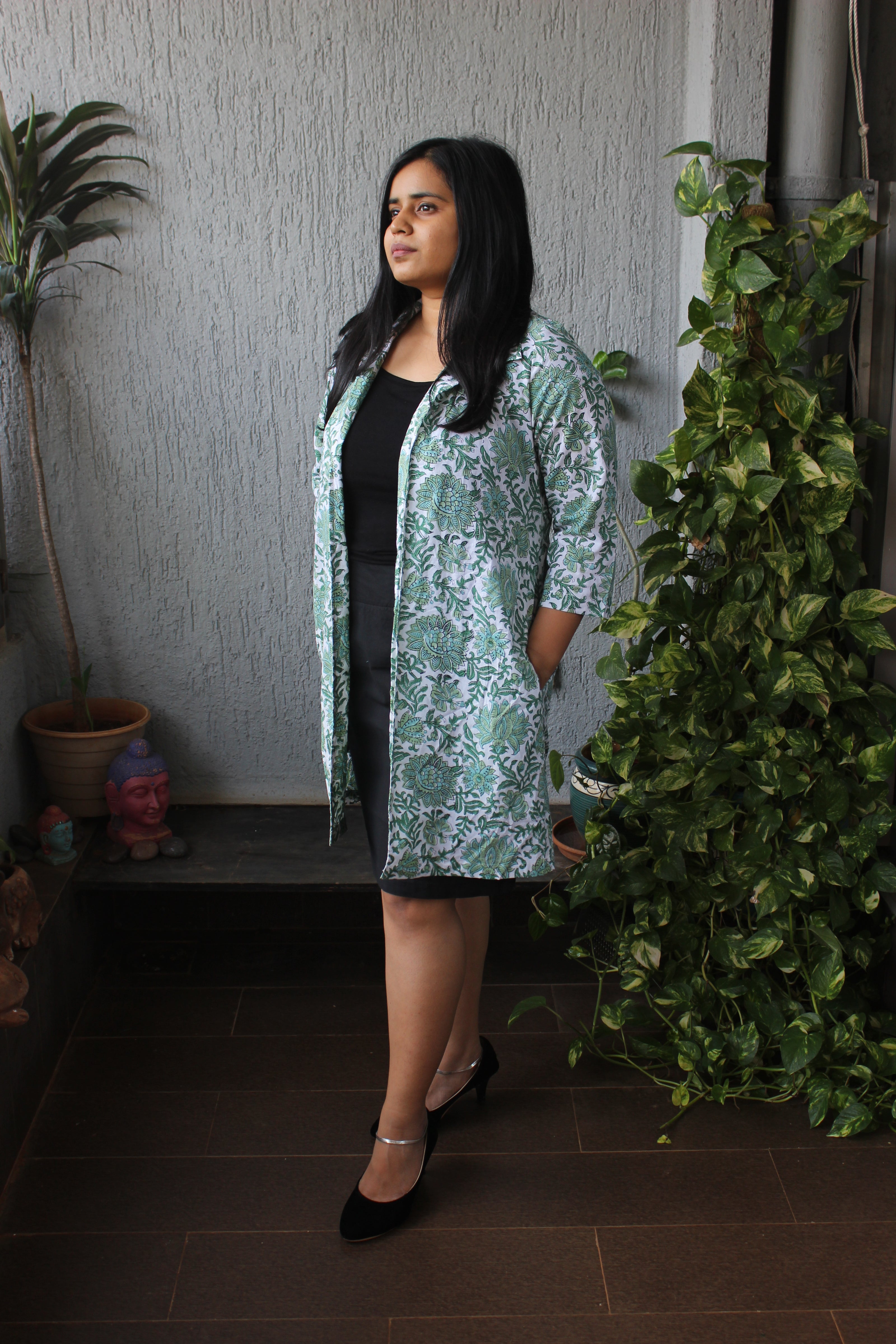 White Floral Handblock Cotton Shrug