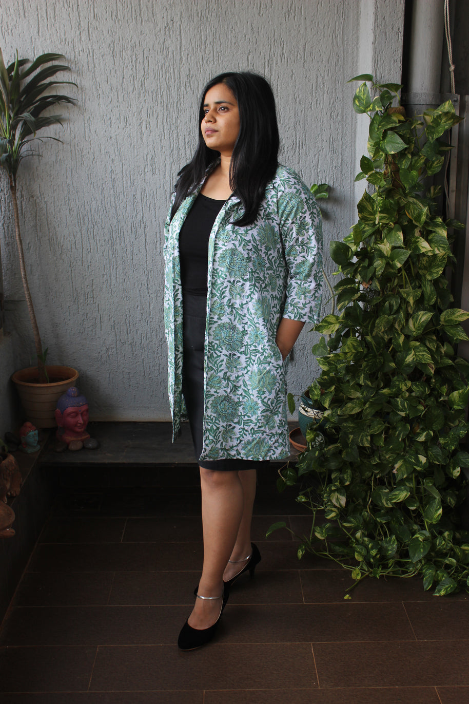 White Floral Handblock Cotton Shrug
