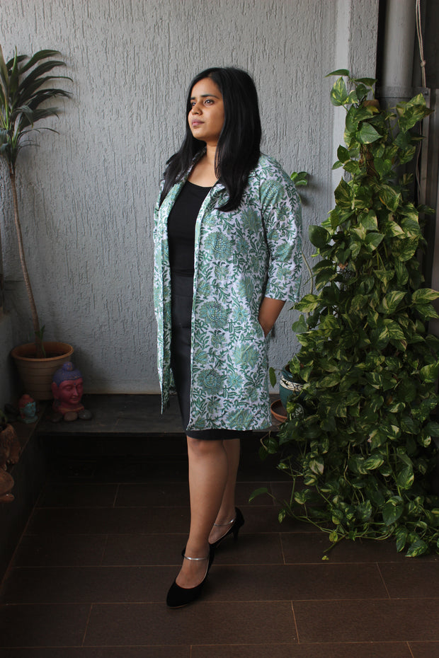 White Floral Handblock Cotton Shrug