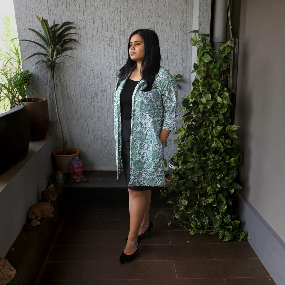 White Floral Handblock Cotton Shrug