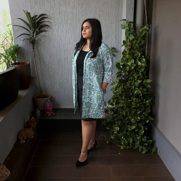 White Floral Handblock Cotton Shrug
