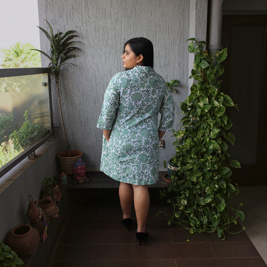 White Floral Handblock Cotton Shrug