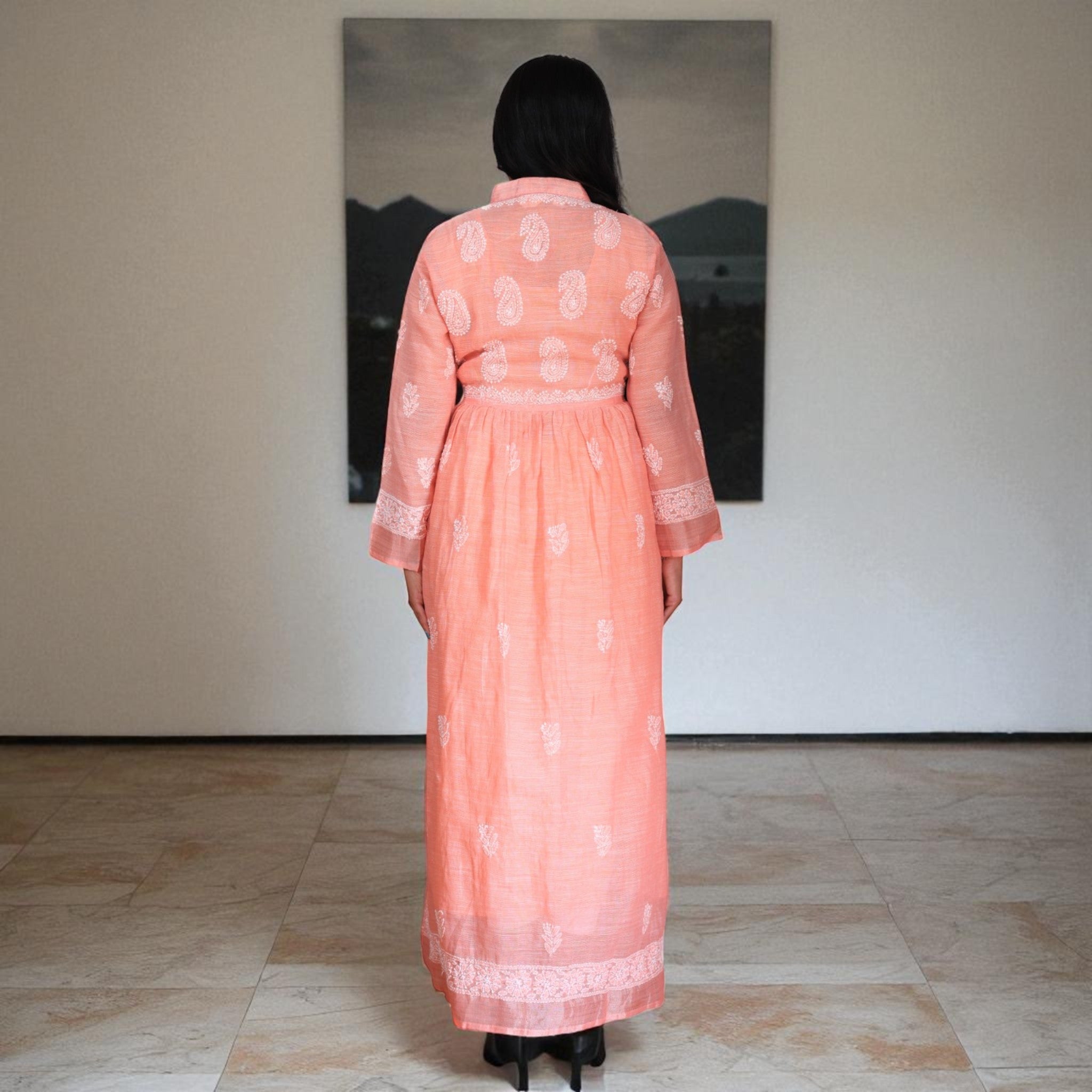 Peach Whispers Chikankari Jute Cotton Gown