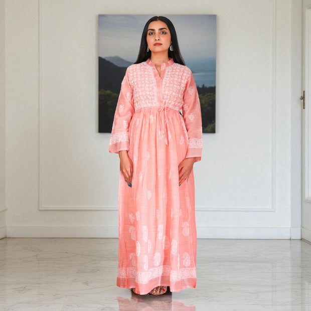 Peach Whispers Chikankari Jute Cotton Gown