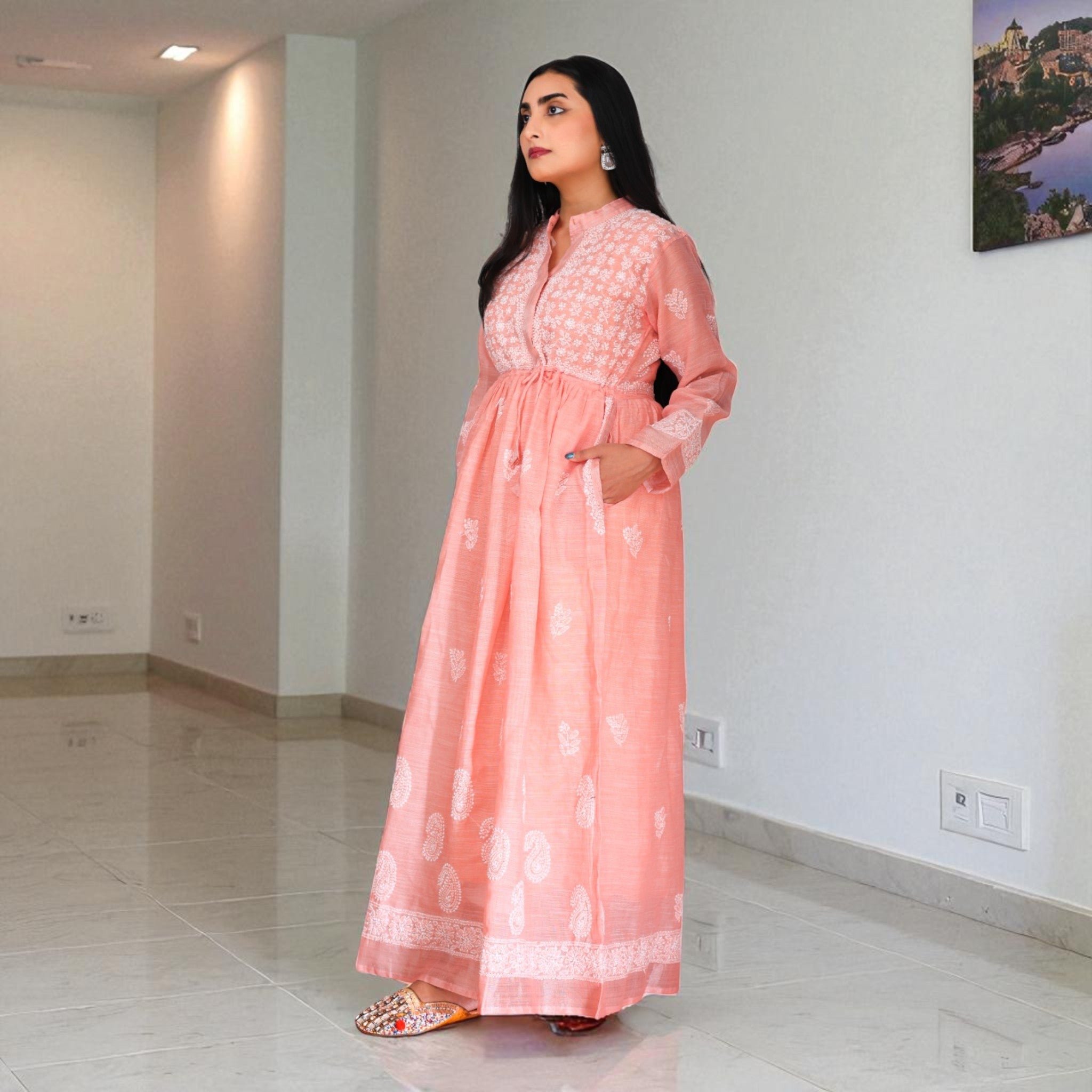 Peach Whispers Chikankari Jute Cotton Gown