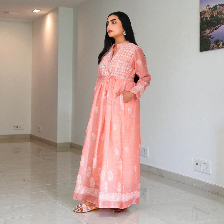 Peach Whispers Chikankari Jute Cotton Gown