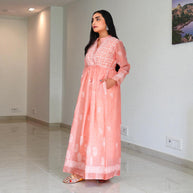 Peach Whispers Chikankari Jute Cotton Gown