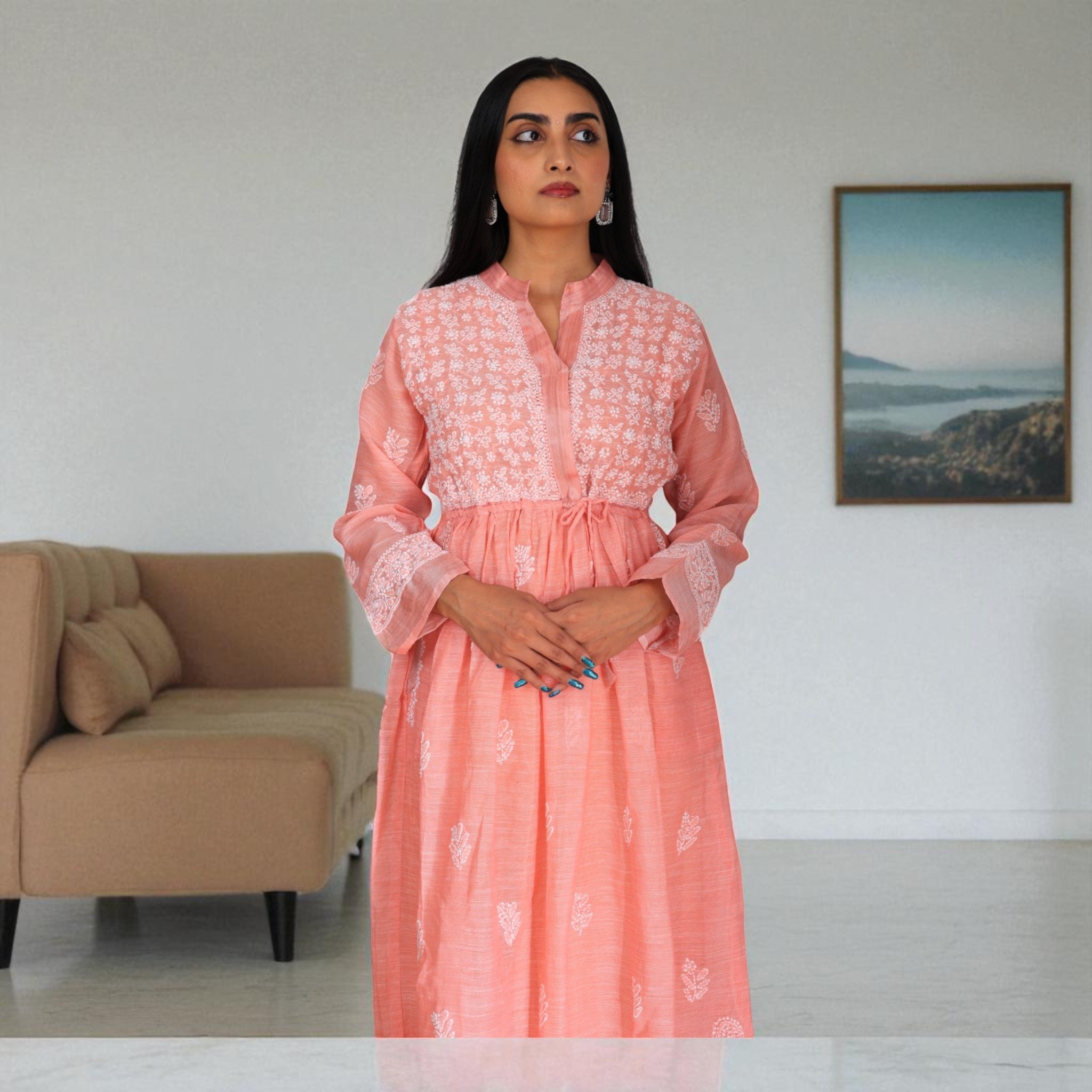 Peach Whispers Chikankari Jute Cotton Gown