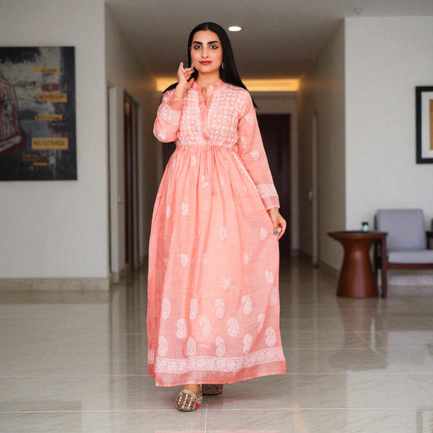 Peach Whispers Chikankari Jute Cotton Gown