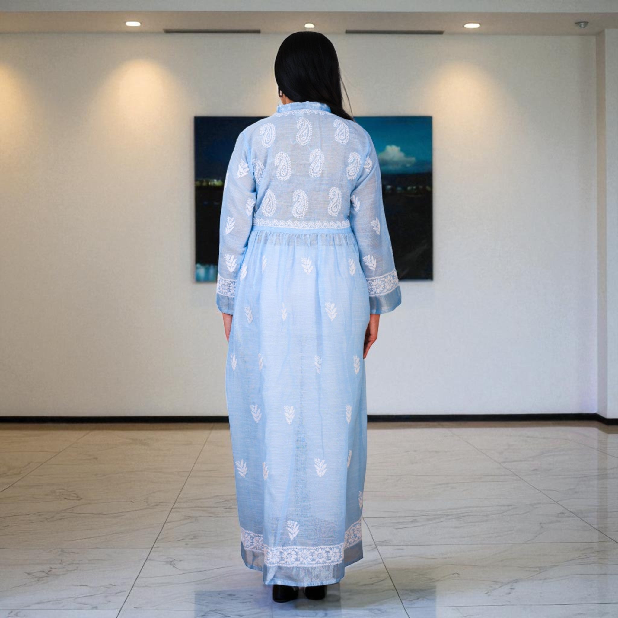 Blue Haze Chikankari Jute Cotton Gown
