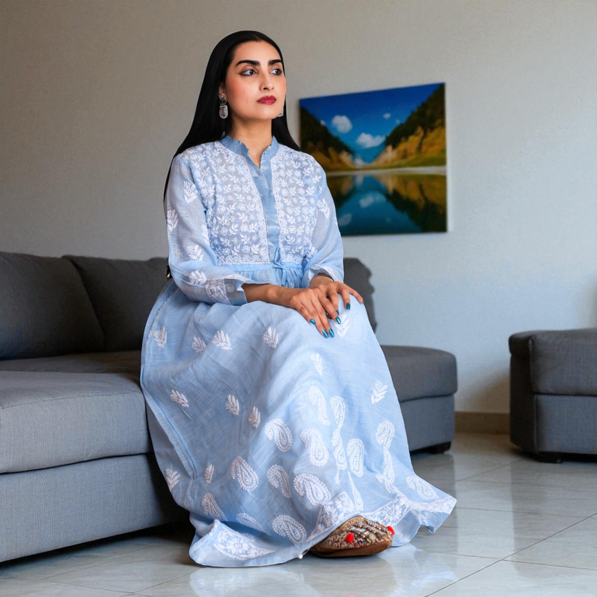 Blue Haze Chikankari Jute Cotton Gown