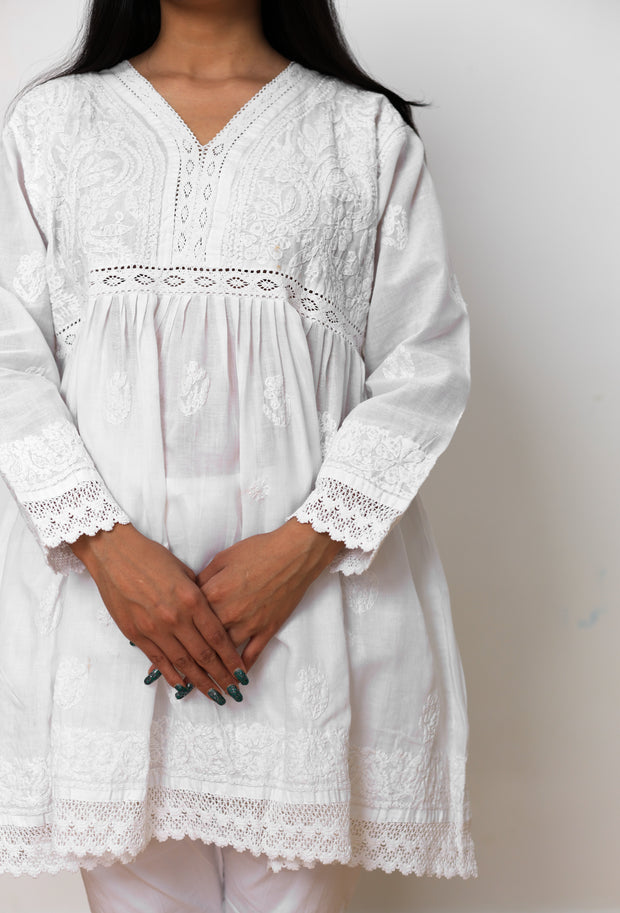 White Chikankari Cotton Short Kurti