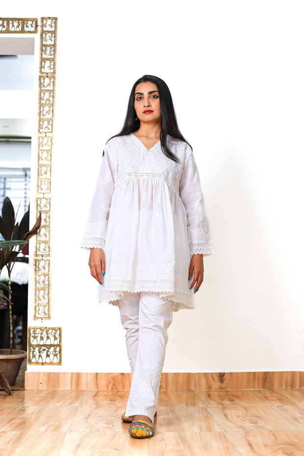 White Chikankari Cotton Short Kurti