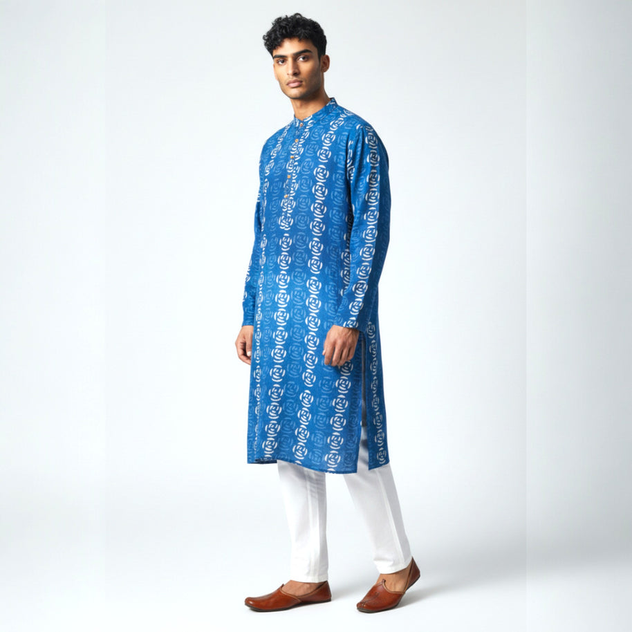 Blue Floral Handblock Cotton Kurta