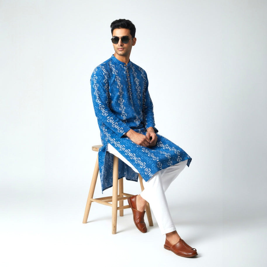 Blue Floral Handblock Cotton Kurta