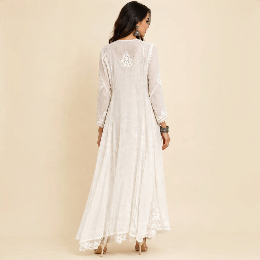White chikankari Kota Cotton Angrakha Kurta