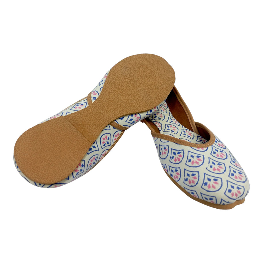 White Blue Pink Floral Handblock Jutti