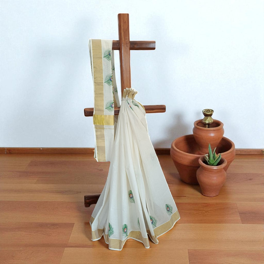 PankhValli Kasavu Handpainted Cotton Saree