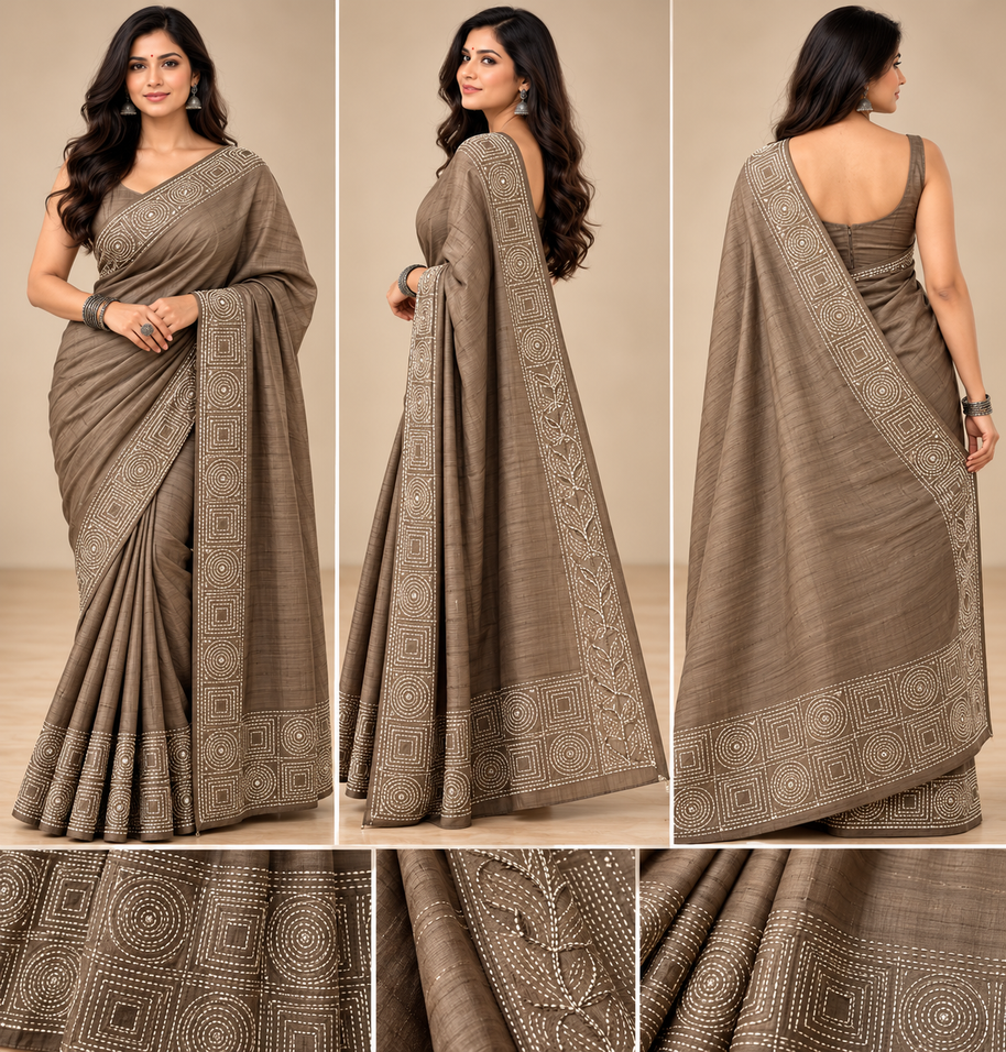 Sand Brown Geometric Elegance Semi Tussar Saree