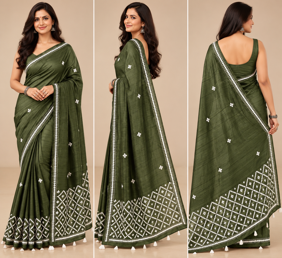 Deep Olive Green Elegance Tussar Saree