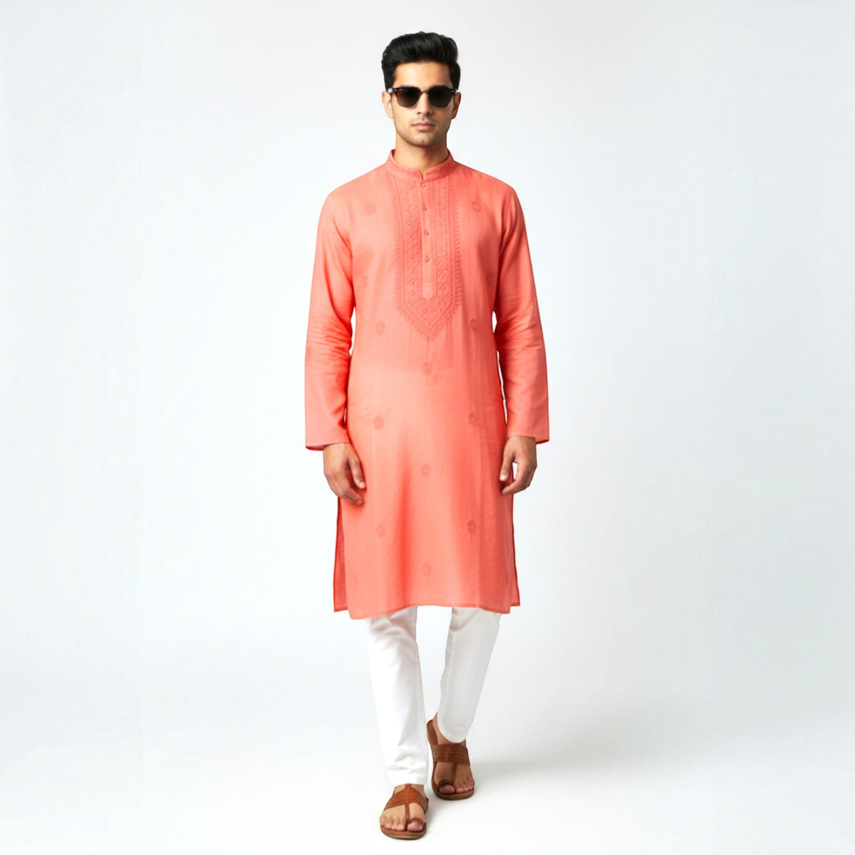 Light Red Chikankari Cotton Kurta