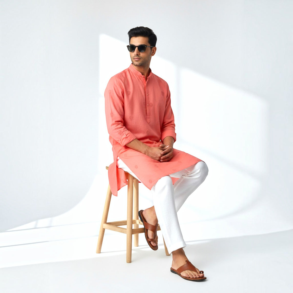 Light Red Chikankari Cotton Kurta