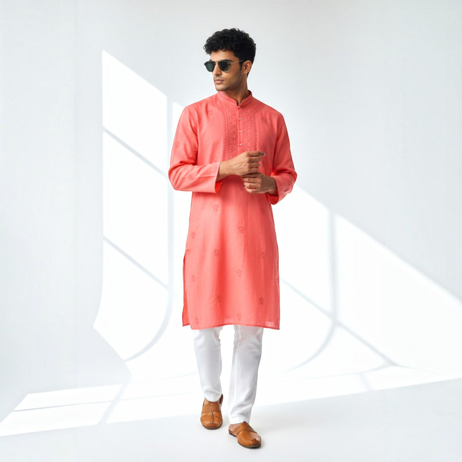 Light Red Chikankari Cotton Kurta