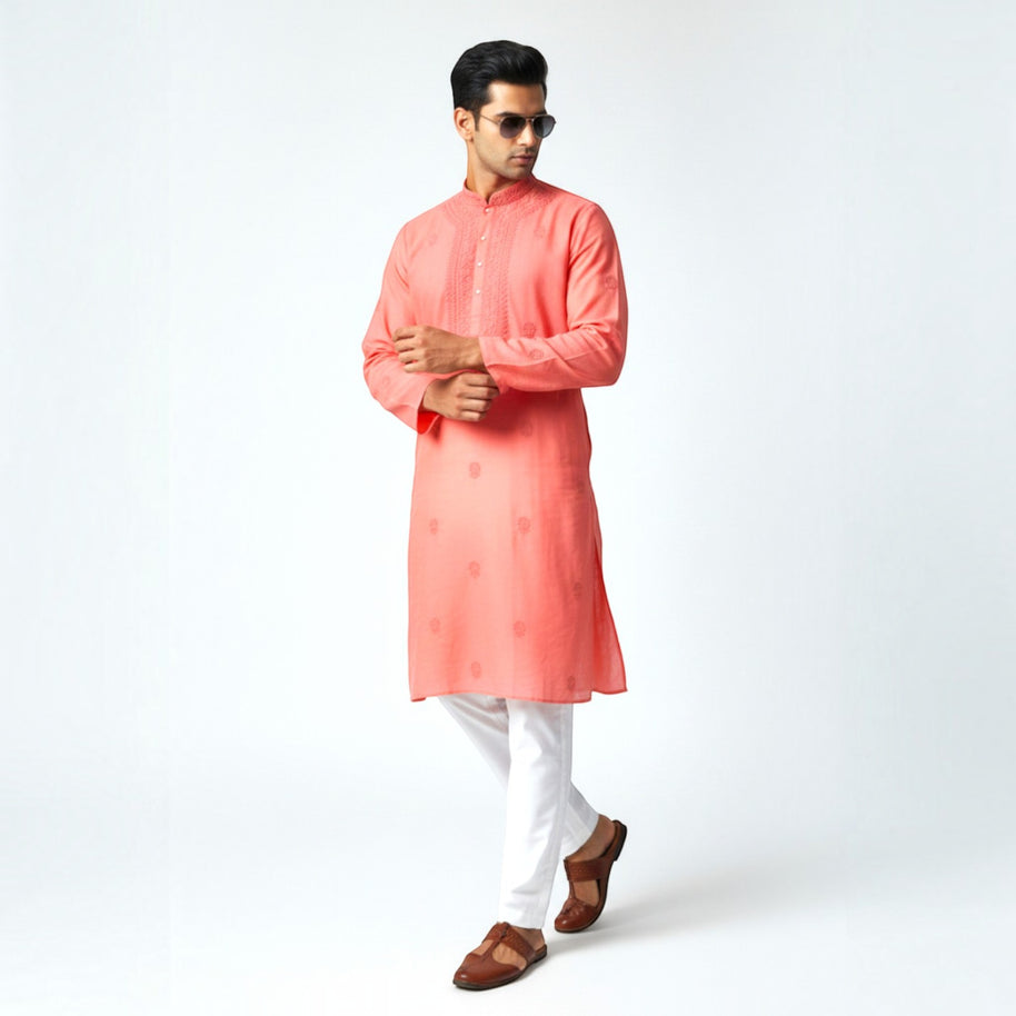 Light Red Chikankari Cotton Kurta