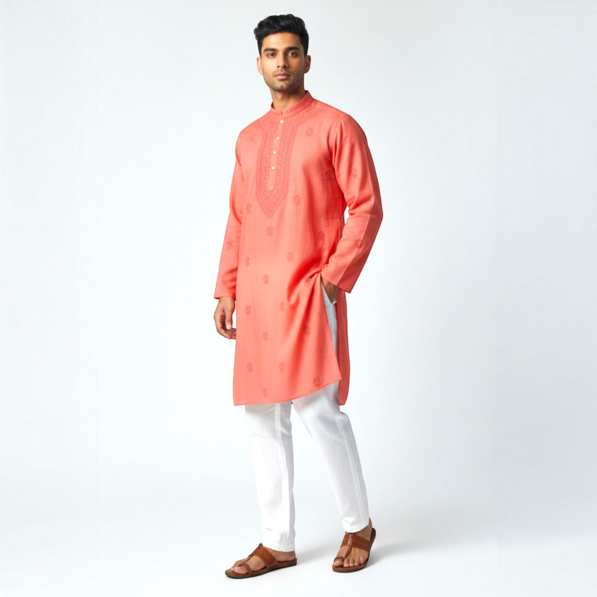 Light Red Chikankari Cotton Kurta
