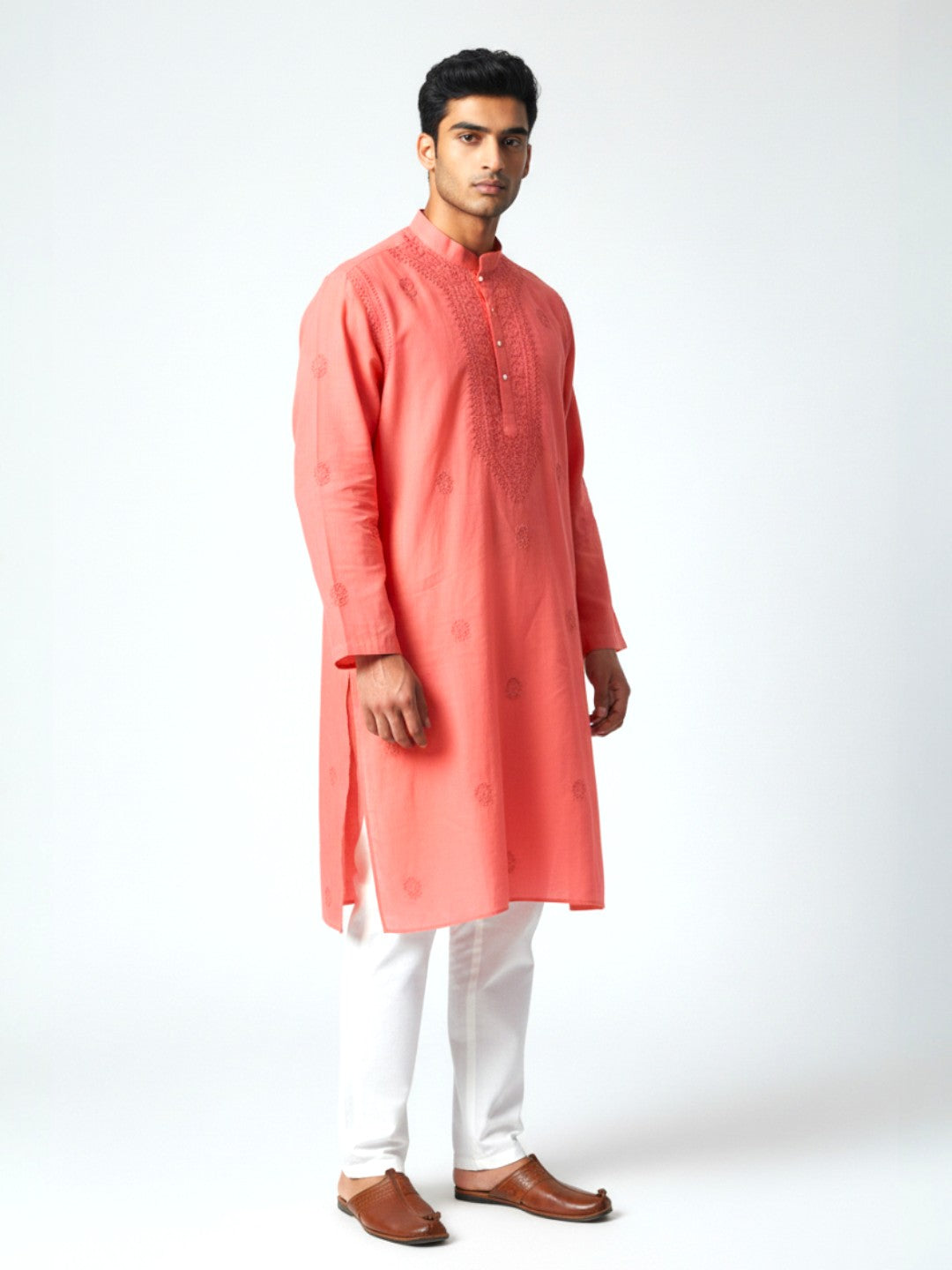 Light Red Chikankari Cotton Kurta