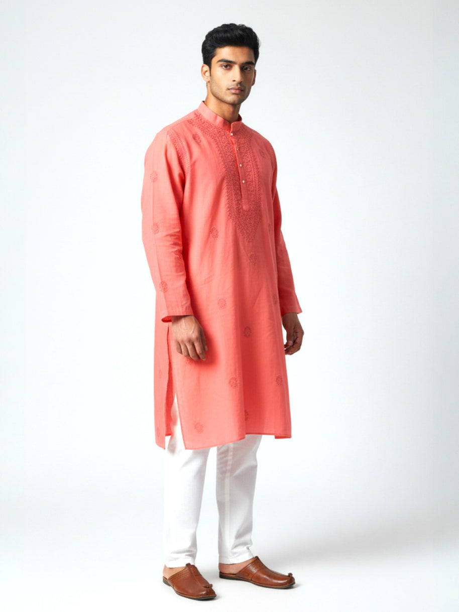 Light Red Chikankari Cotton Kurta
