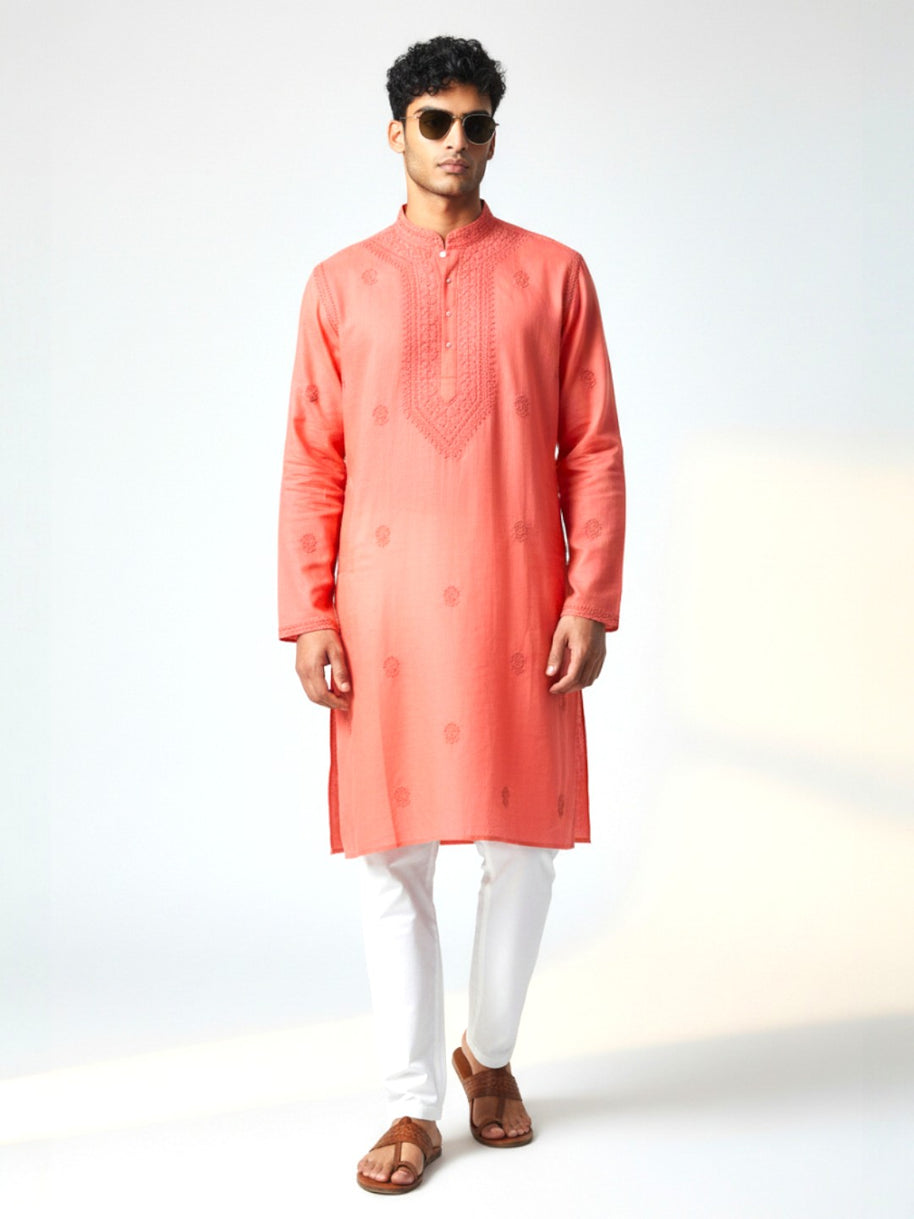 Light Red Chikankari Cotton Kurta