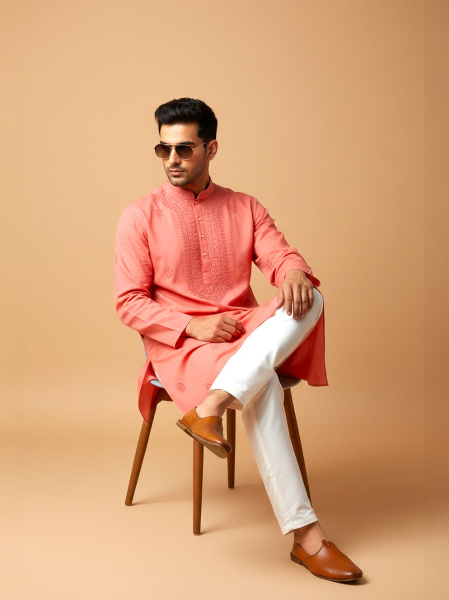 Light Red Chikankari Cotton Kurta