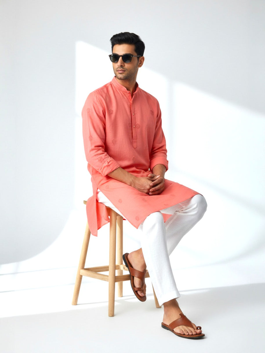 Light Red Chikankari Cotton Kurta