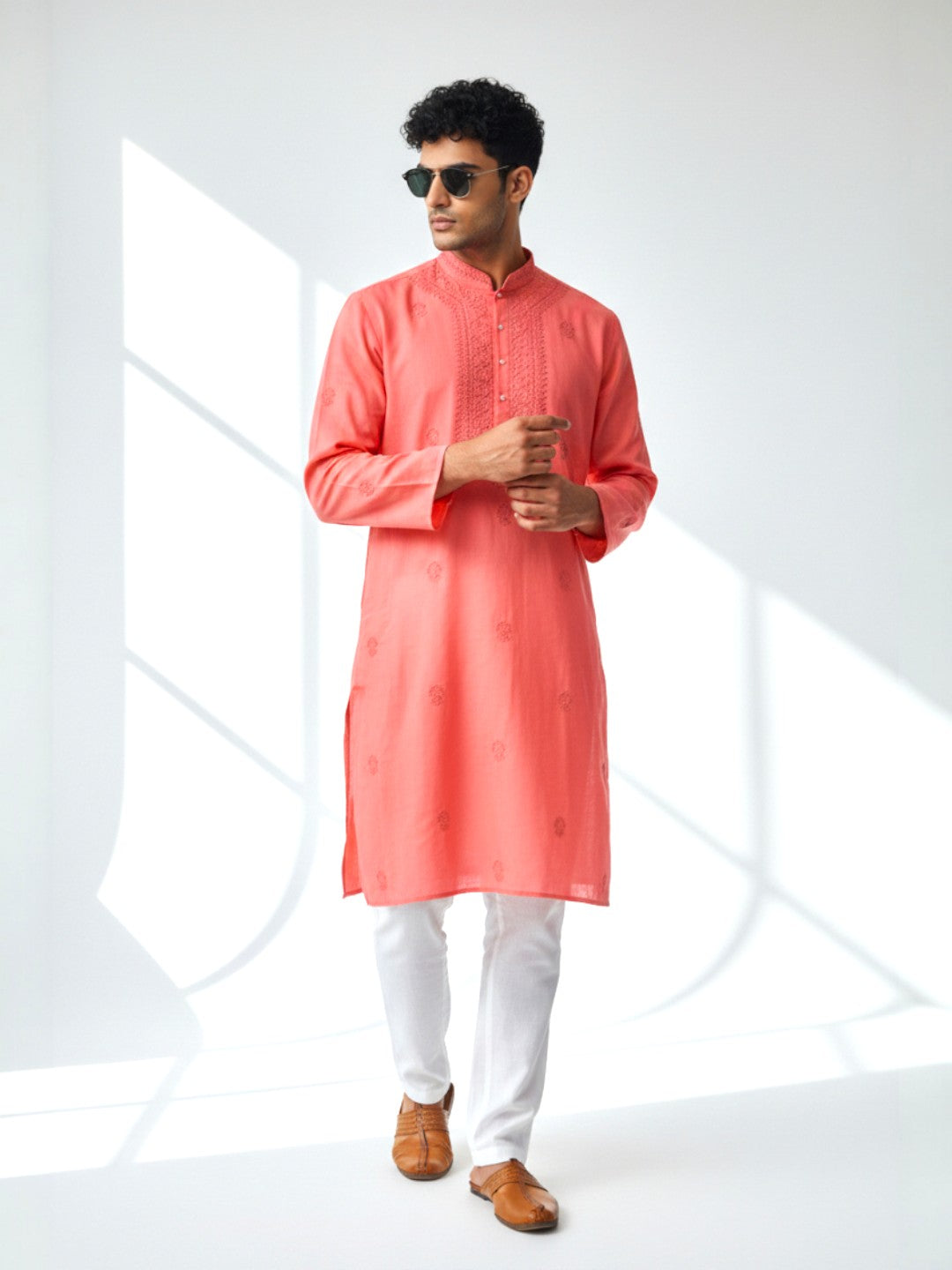 Light Red Chikankari Cotton Kurta