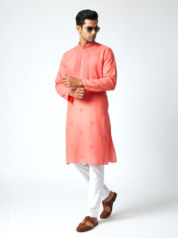 Light Red Chikankari Cotton Kurta