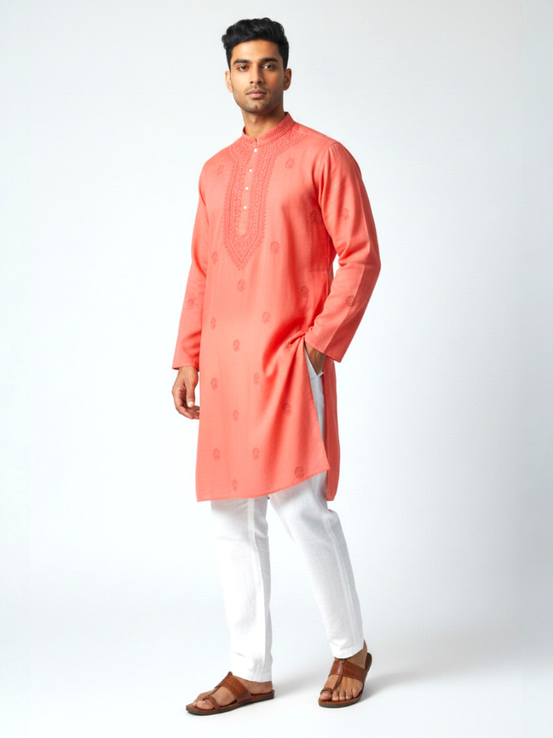 Light Red Chikankari Cotton Kurta
