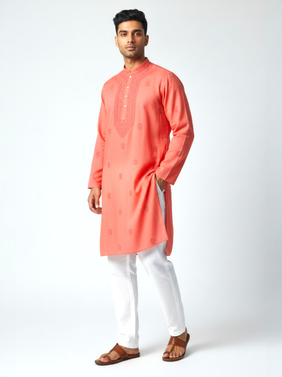 Light Red Chikankari Cotton Kurta