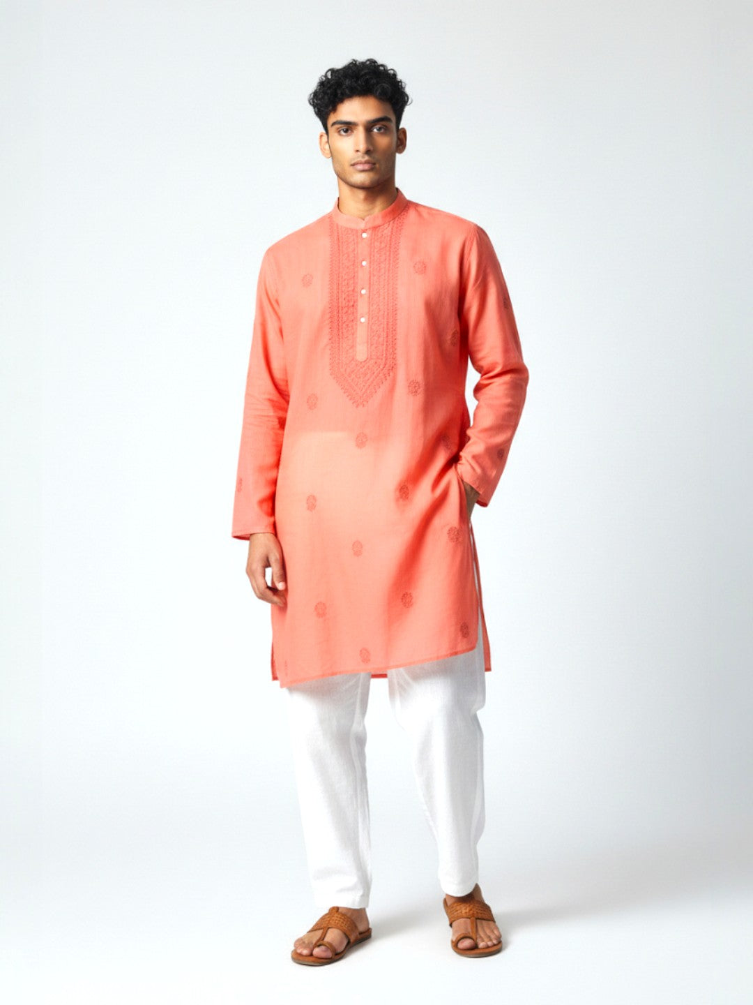 Light Red Chikankari Cotton Kurta