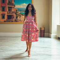 Pink Multicolour Smocking Handblock Cotton Strap Dress