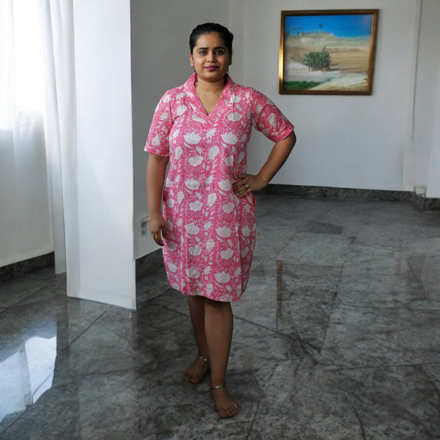 Blush Bloom Handblock Cotton Short Dress