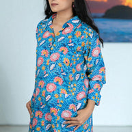 Teal Bloom Cotton Shirt Dress Cotton