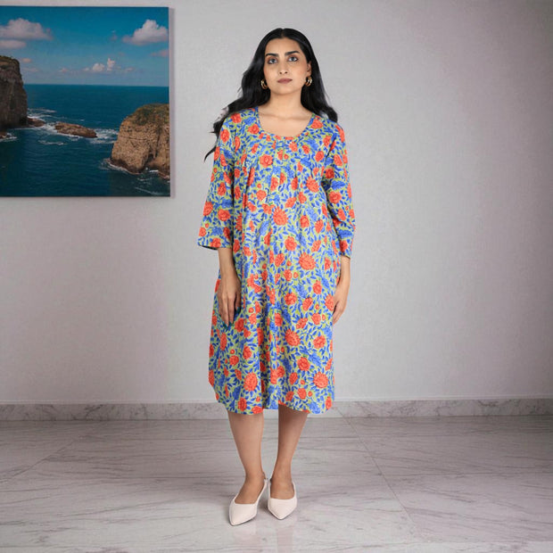 Green Petals Handblock Cotton Flared Dress