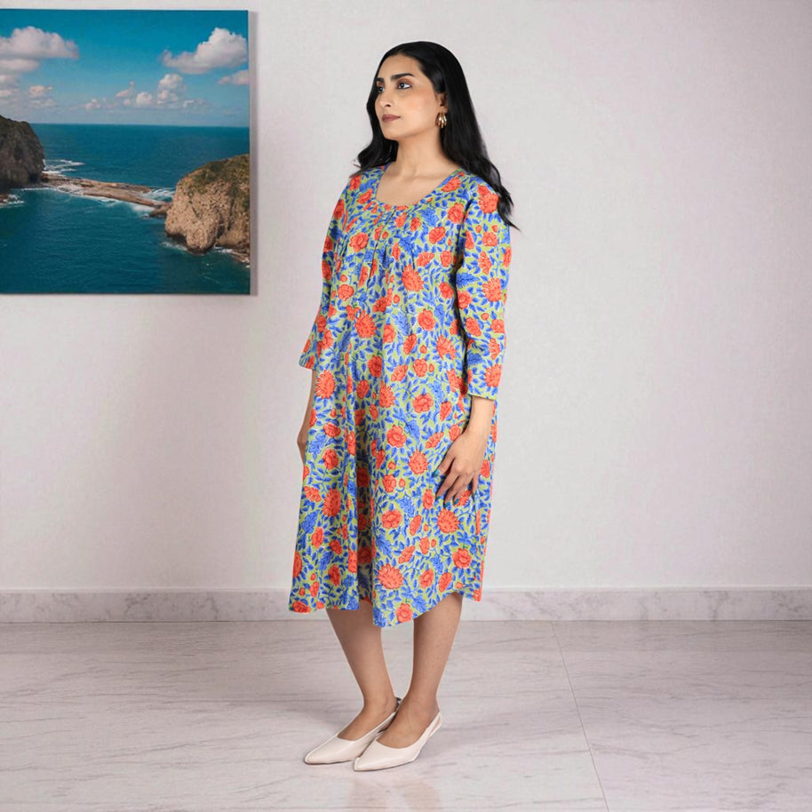 Green Petals Handblock Cotton Flared Dress