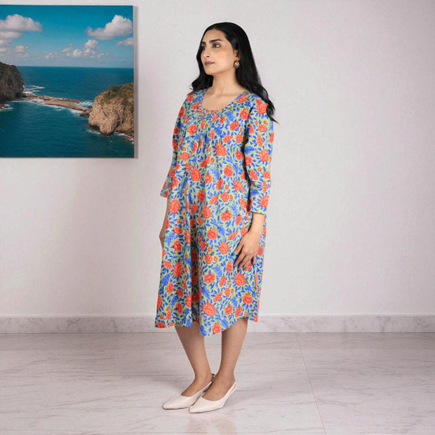 Green Petals Handblock Cotton Flared Dress