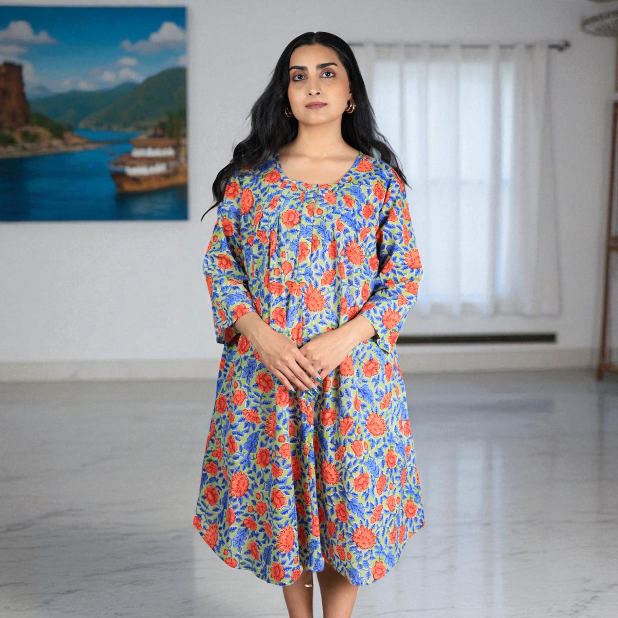 Green Petals Handblock Cotton Flared Dress