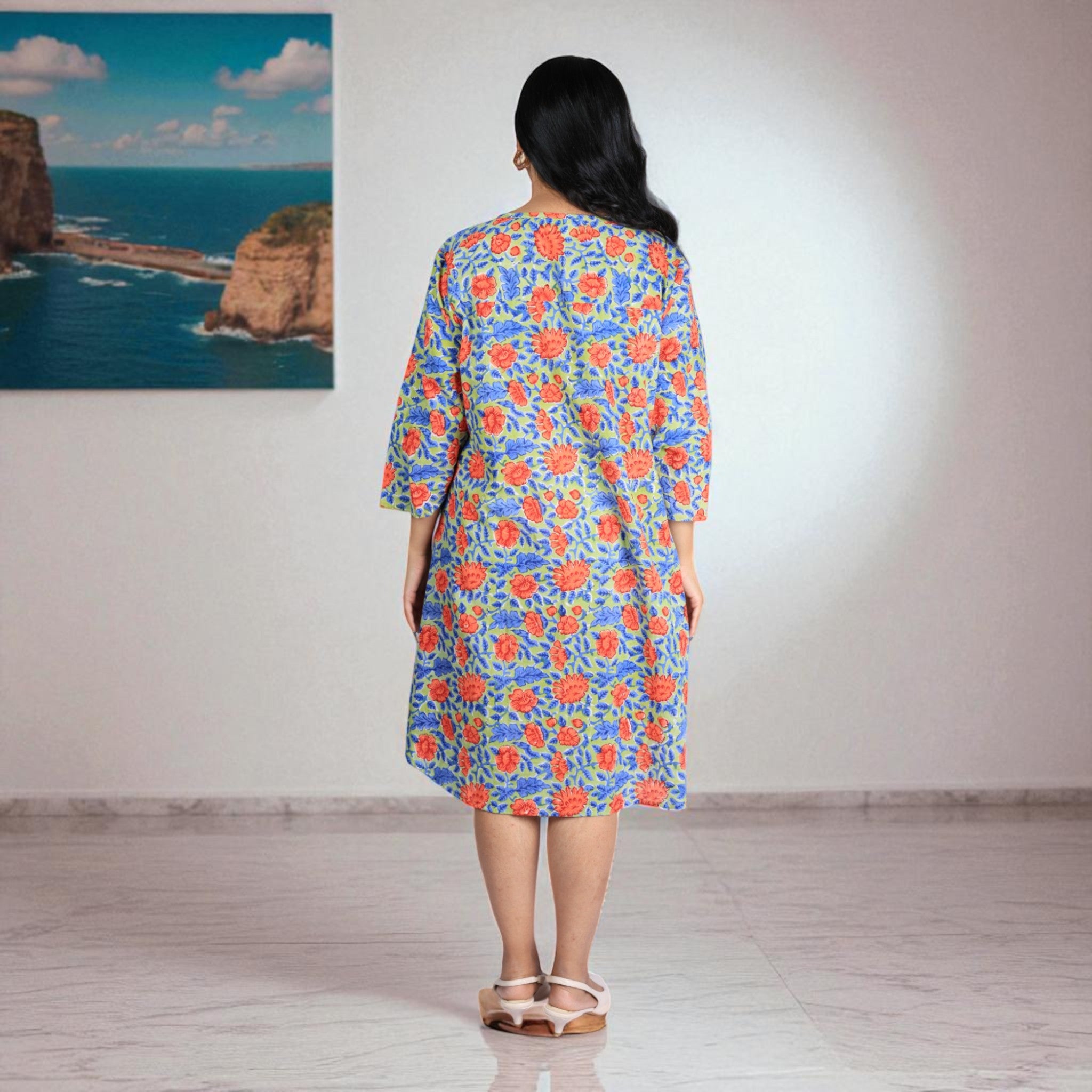Green Petals Handblock Cotton Flared Dress